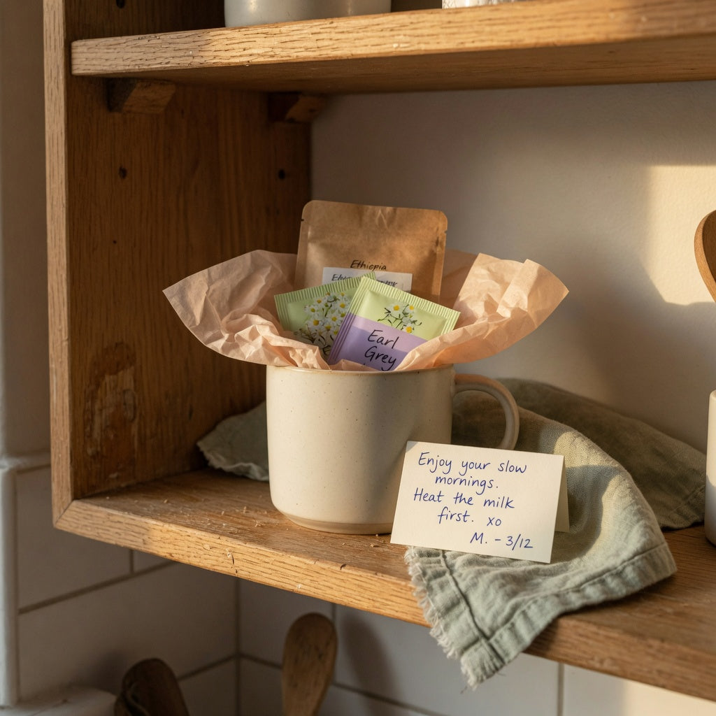 Coffee mug home decor gift on an open kitchen shelf with coffee, tea, and a care note