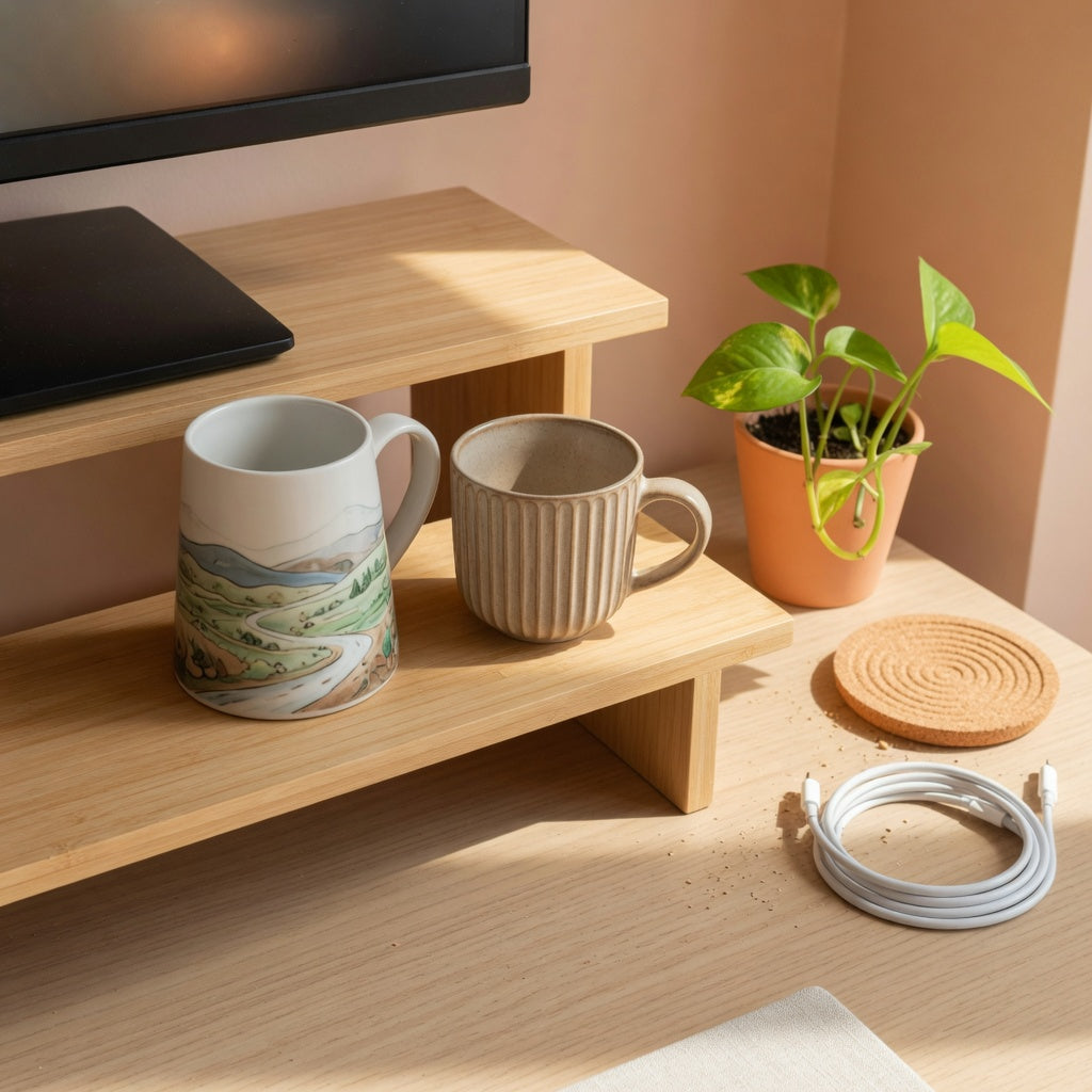 Bamboo coffee mug shelf for desk holding two ceramic mugs under a monitor stand in a home office