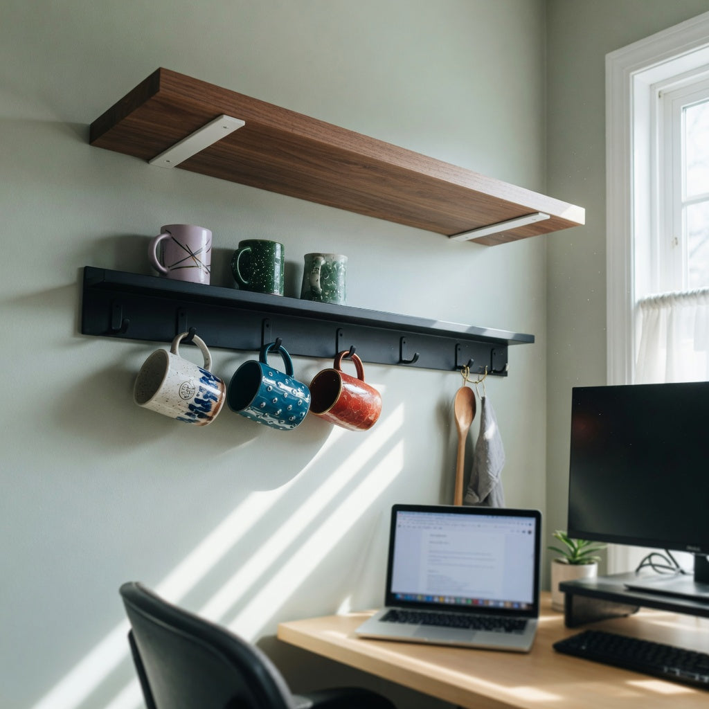 Coffee mug shelf ideas for home office: walnut floating shelf and black hook rail holding ceramic mugs beside a desk