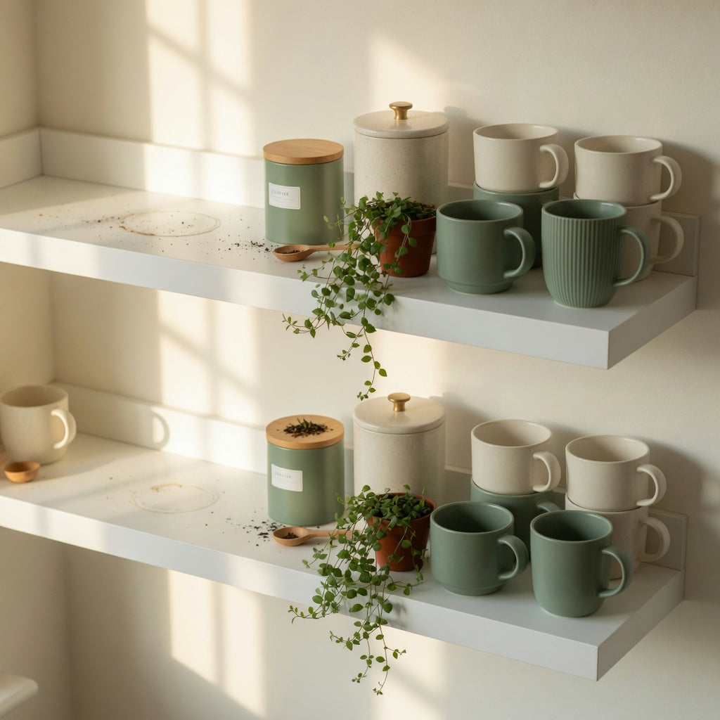 Coffee mug shelf styling ideas in practice: floating shelves above a coffee station with color-grouped mugs at mixed heights, handles aligned, and negative space between clusters