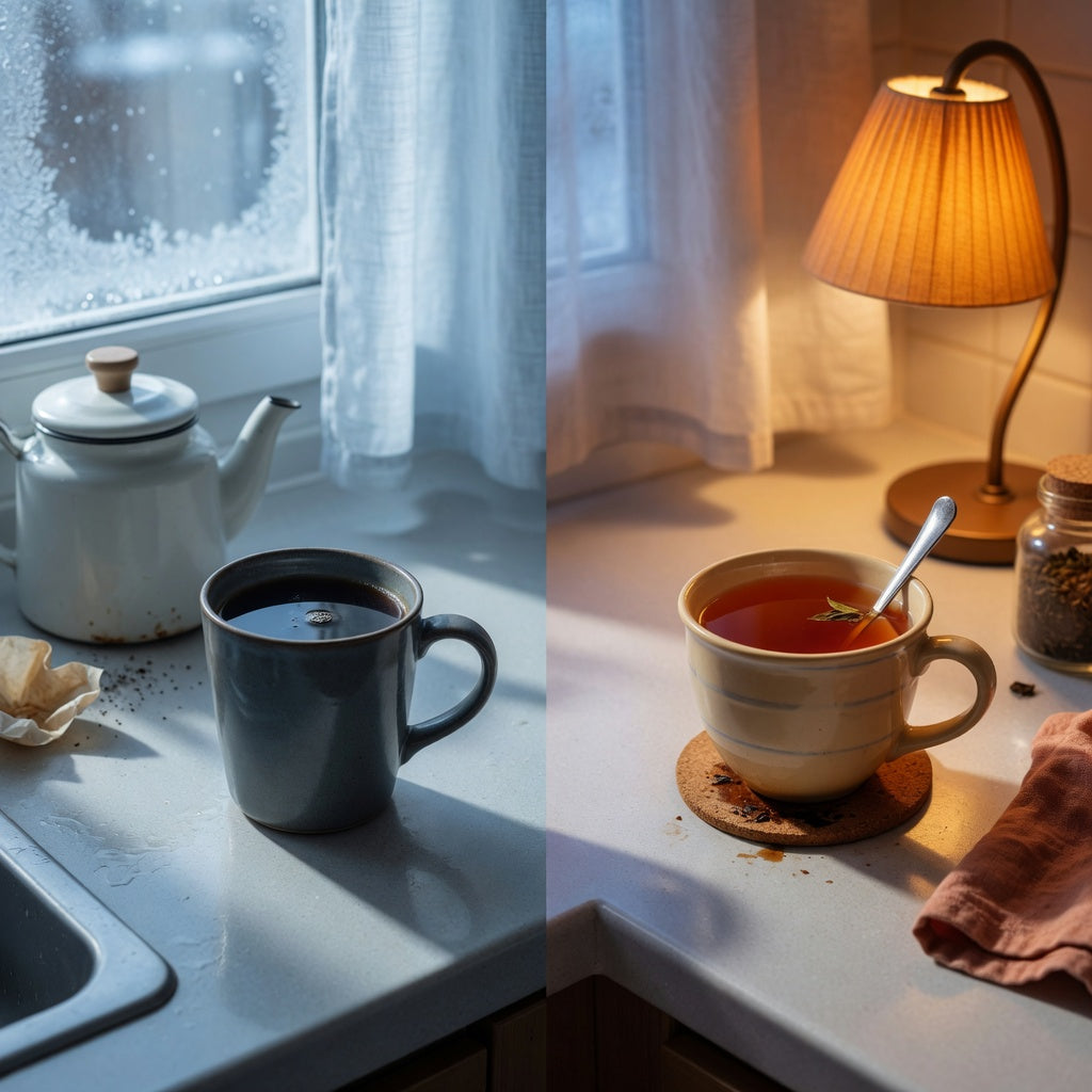 Coffee mug vs tea mug difference morning night with a tall morning coffee mug beside a wider evening tea cup