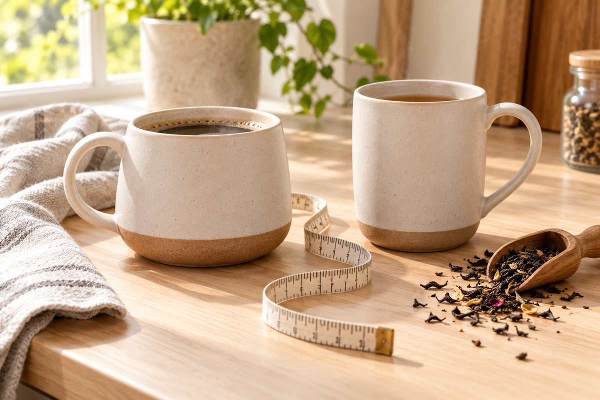 Coffee mug vs tea mug size comparison shown with a measuring tape on a kitchen counter