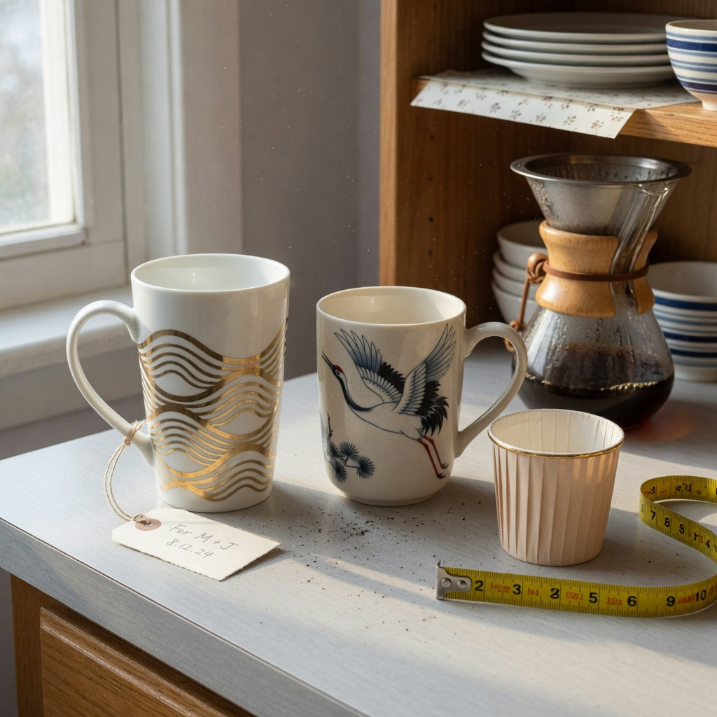 Coffee mug wedding gift buying priorities shown through tall, crane-design, and pleated mug shapes beside a measured kitchen shelf