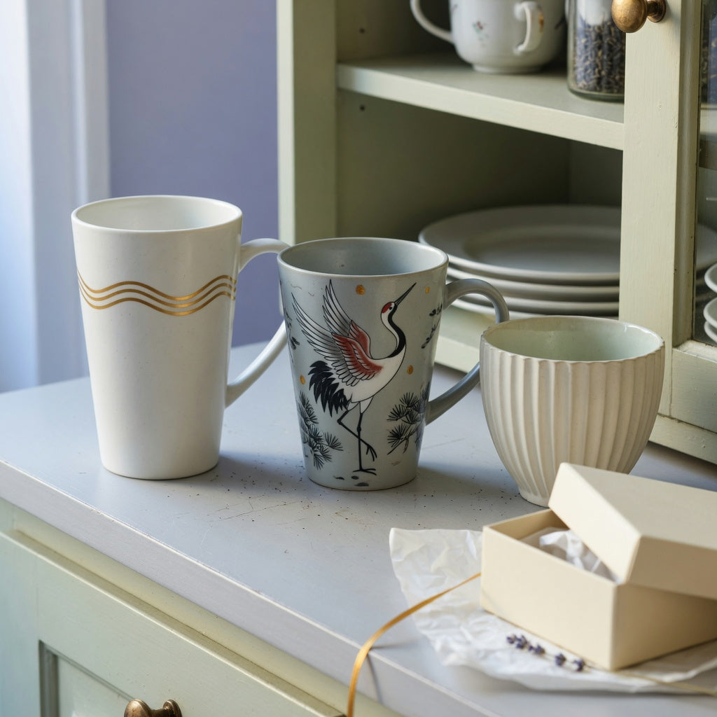 Side-by-side coffee mug wedding gift current product facts comparison showing golden waves, crane, and pleated ceramic mugs