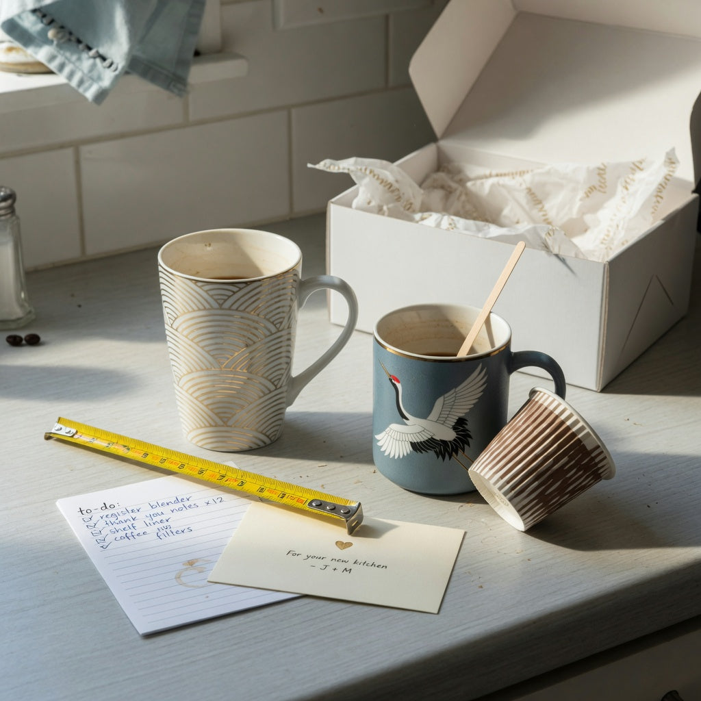 Coffee mug wedding gift first time buyer practical purchase checklist beside tall wave, crane, and pleated mug designs