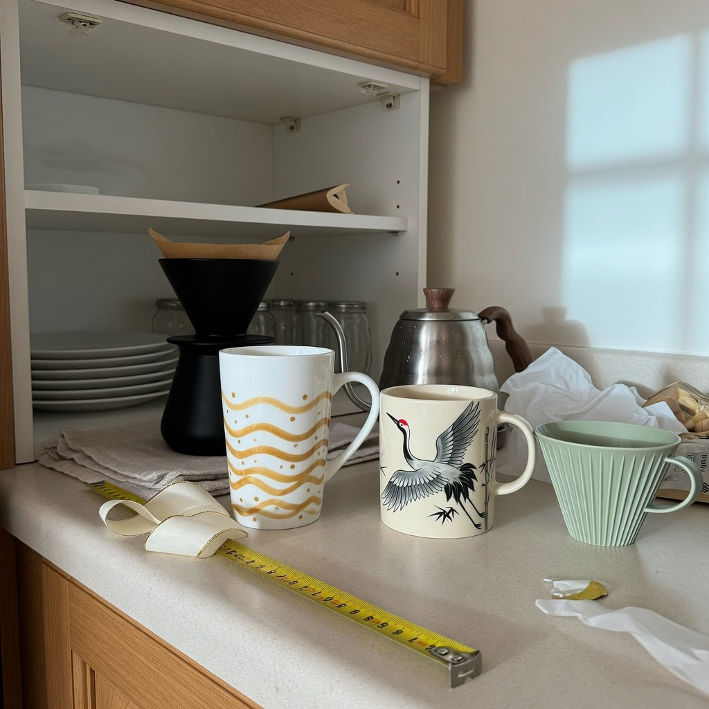 Coffee mug wedding gift home coffee station product shortlist guide with three decorative drinkware options beside a home brewer