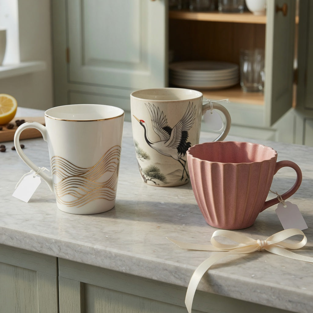 Coffee mug wedding gift shared household product shortlist guide featuring White Golden Waves, The Crane, and Pleated cup designs on a shared kitchen counter