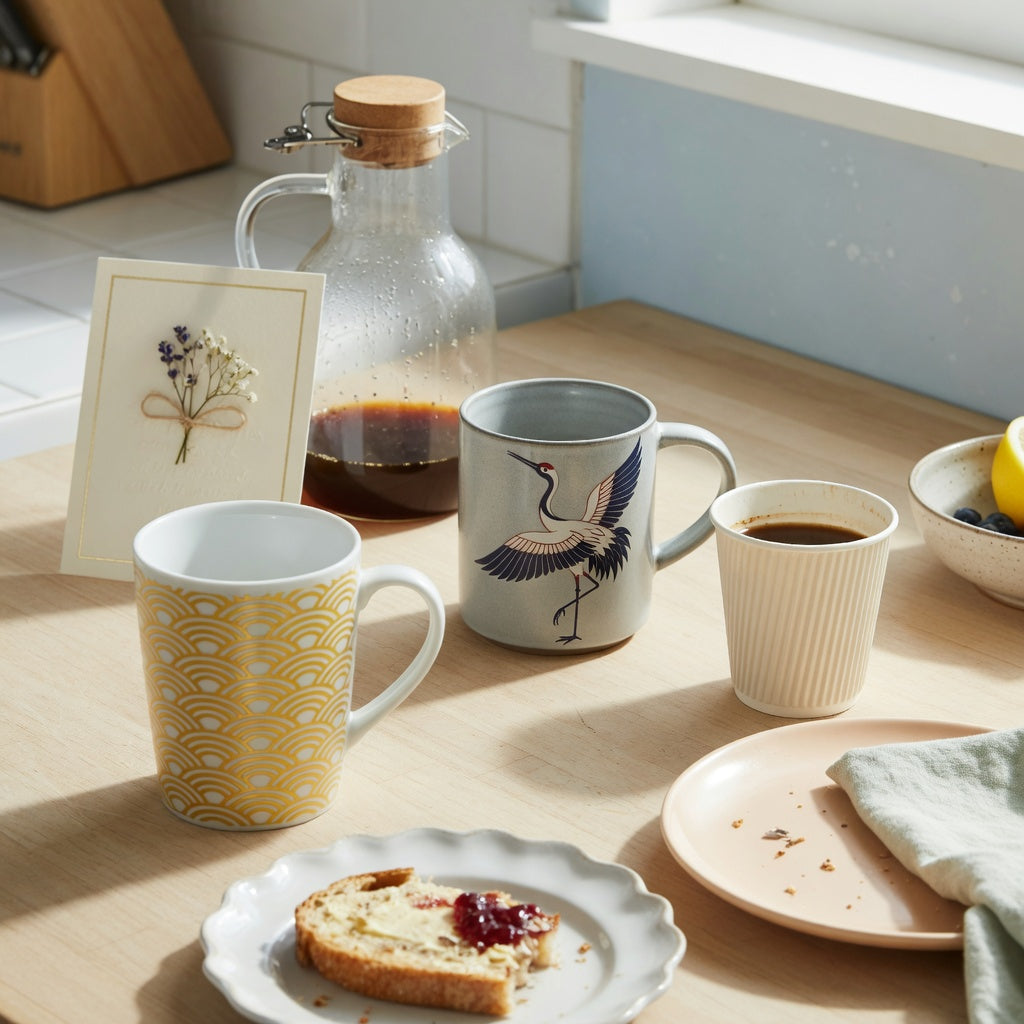 coffee mug wedding gift weekend coffee product shortlist guide showing a tall white-and-golden mug, crane mug, and pleated cup