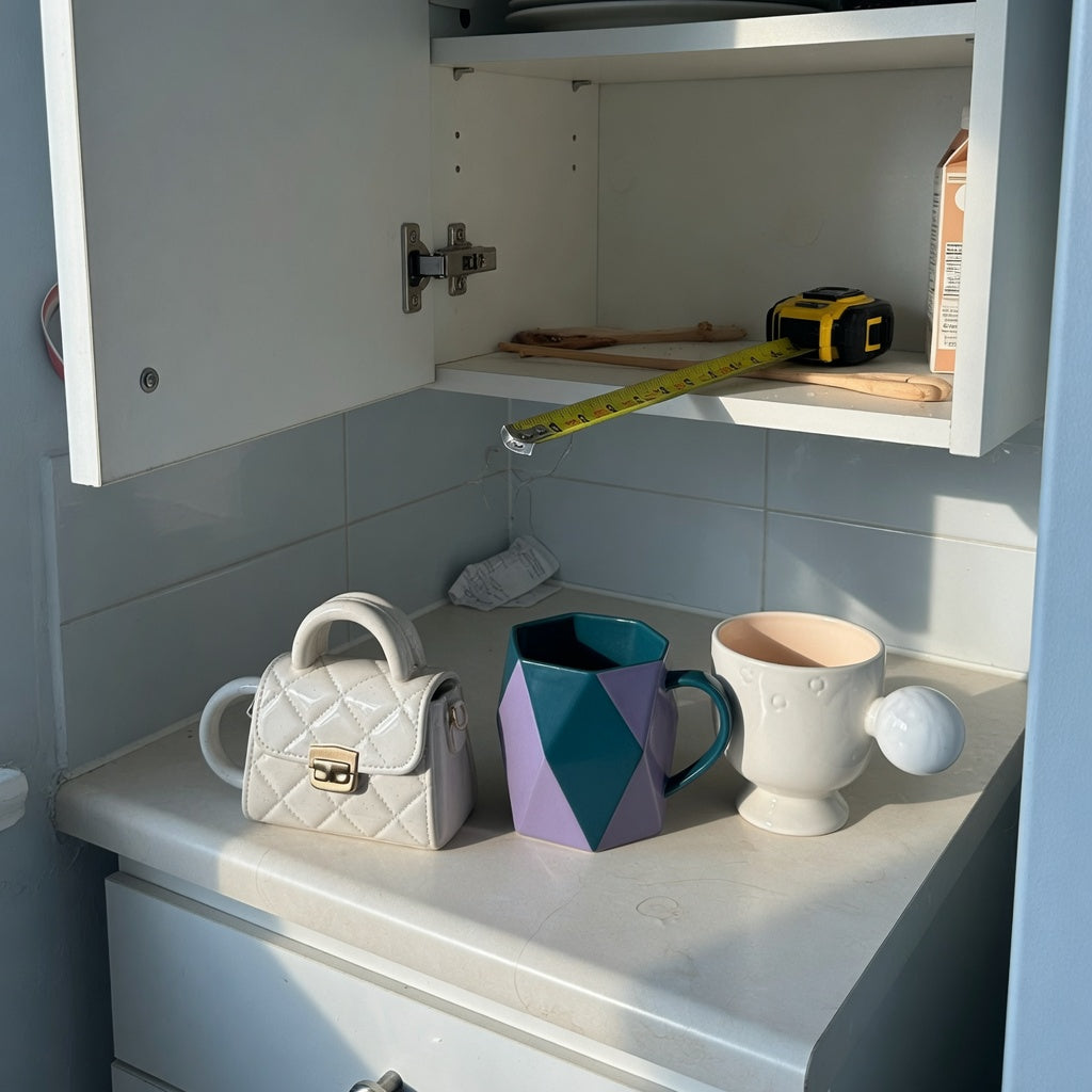 coffee mugs unique shape compact kitchen product shortlist guide showing handbag, rhombus, and ball-handled ceramic mugs beside an open cabinet