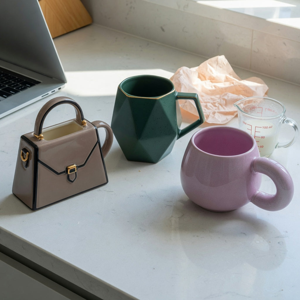 Coffee mugs unique shape current product facts comparison of handbag, rhombus, and ball-handled designs