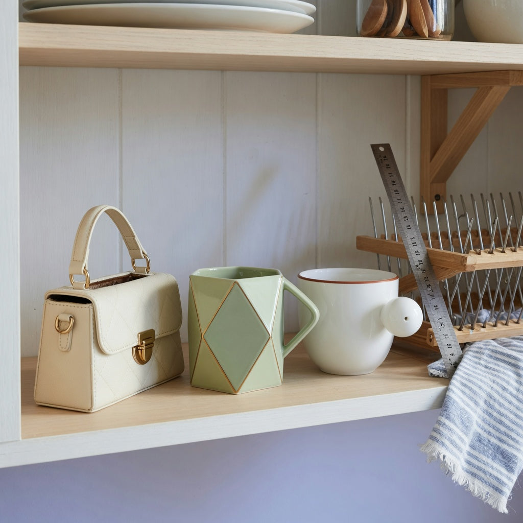 Coffee mugs unique shape everyday mug rotation product shortlist guide with handbag, rhombus, and ball-handled mugs on an open kitchen shelf
