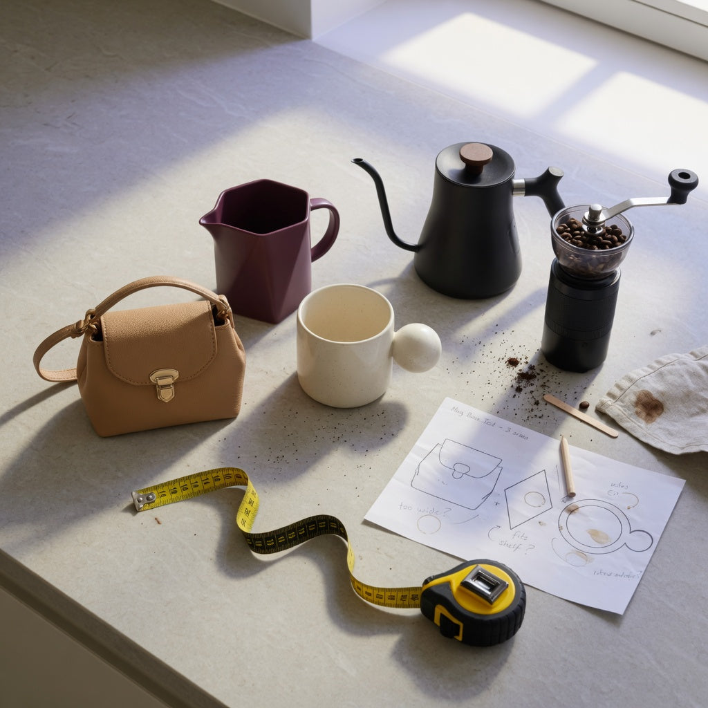 Coffee mugs unique shape home coffee station practical purchase checklist with handbag, rhombus, and ball-handled mugs beside a kettle