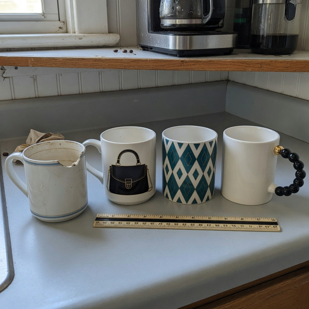 Coffee mugs unique shape replacement purchase practical purchase checklist comparing handbag, rhombus, and ball-handled designs beside a damaged mug