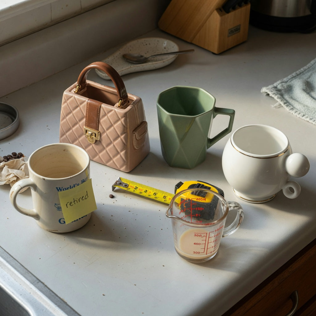 Featured image for the coffee mugs unique shape replacement purchase product shortlist guide, showing handbag, rhombus, and ball-handled mugs beside a retired plain mug