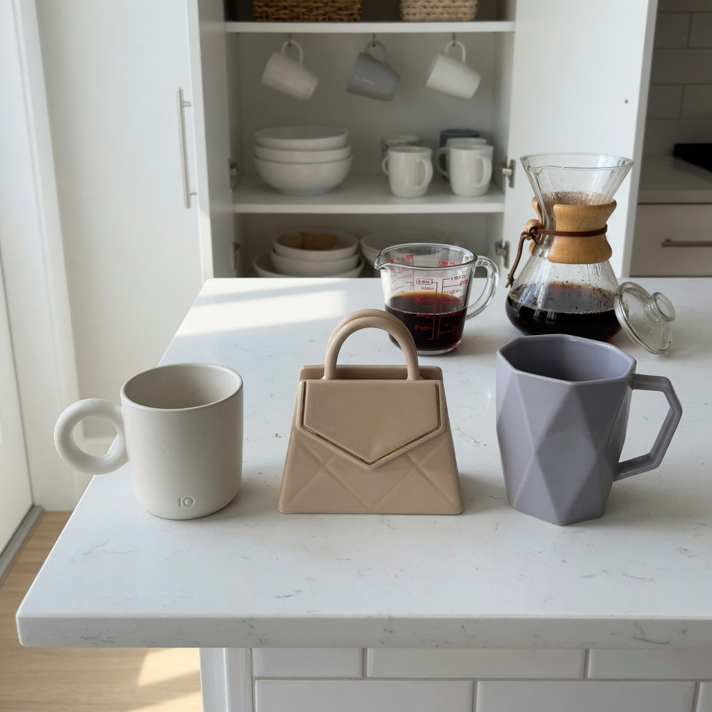 Coffee mugs unique shape size decision guide comparing 10 oz ball-handled, 12 oz handbag, and 14 oz rhombus ceramic mugs
