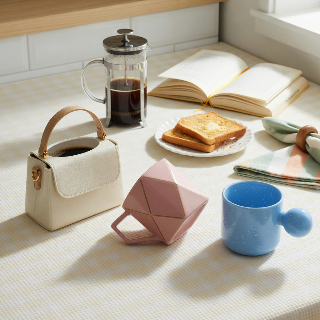 Coffee mugs unique shape weekend coffee practical purchase checklist with handbag, rhombus, and ball-handled mugs on a weekend table