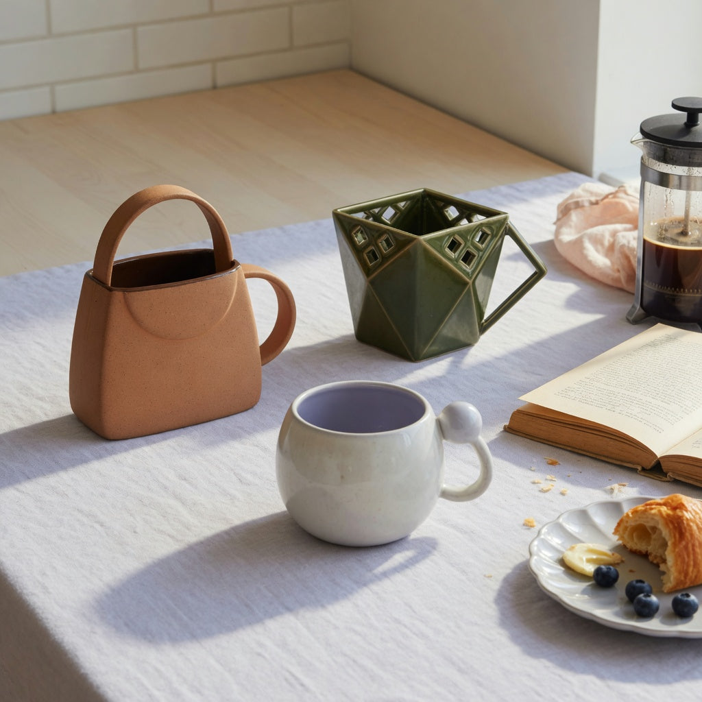 Coffee mugs unique shape weekend coffee product shortlist guide featuring handbag, rhombus, and ball-handled mugs on a breakfast table