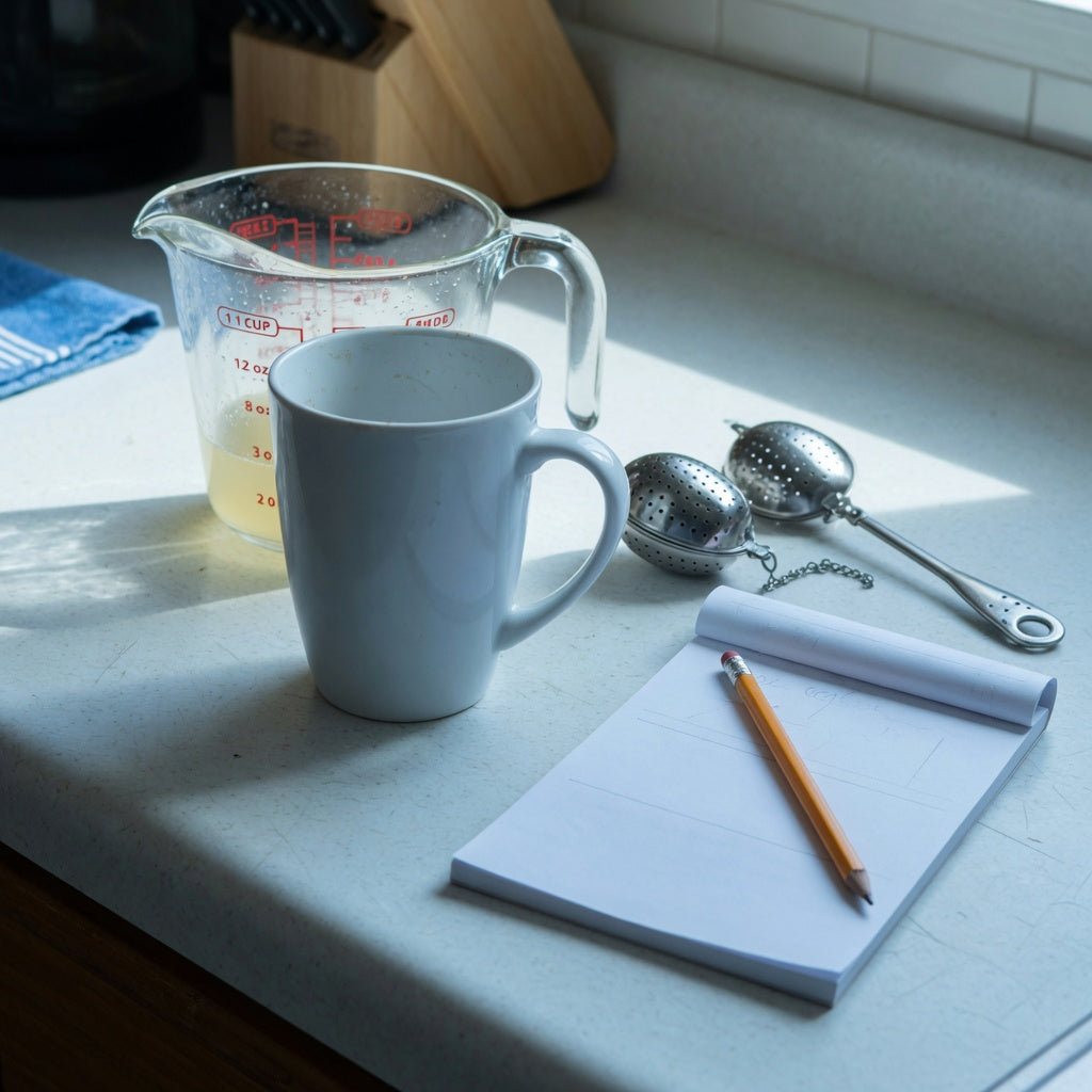 Coffee tea mug gift 350 ml on a kitchen counter beside a measuring jug, with a tea infuser set aside