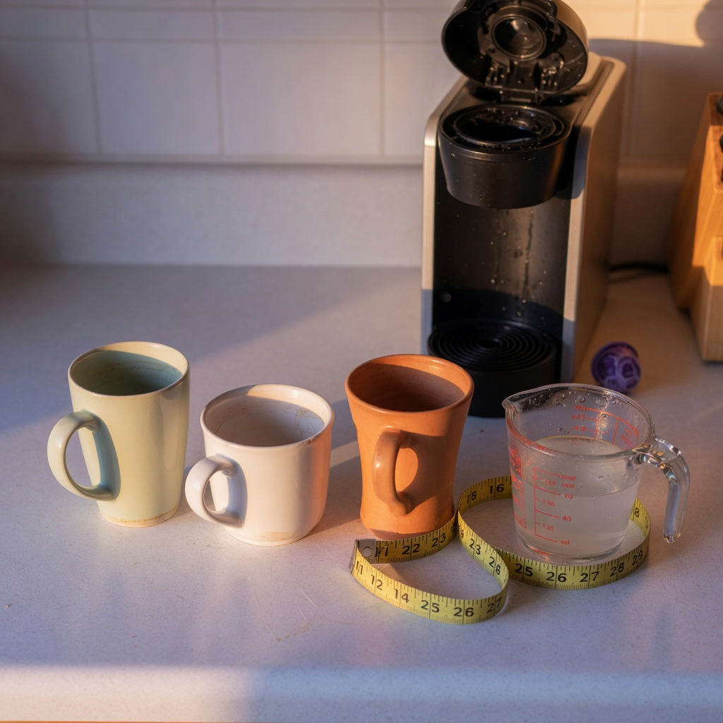 Coffee tea mug gift size comparison of three mugs beside a measuring cup and brewer