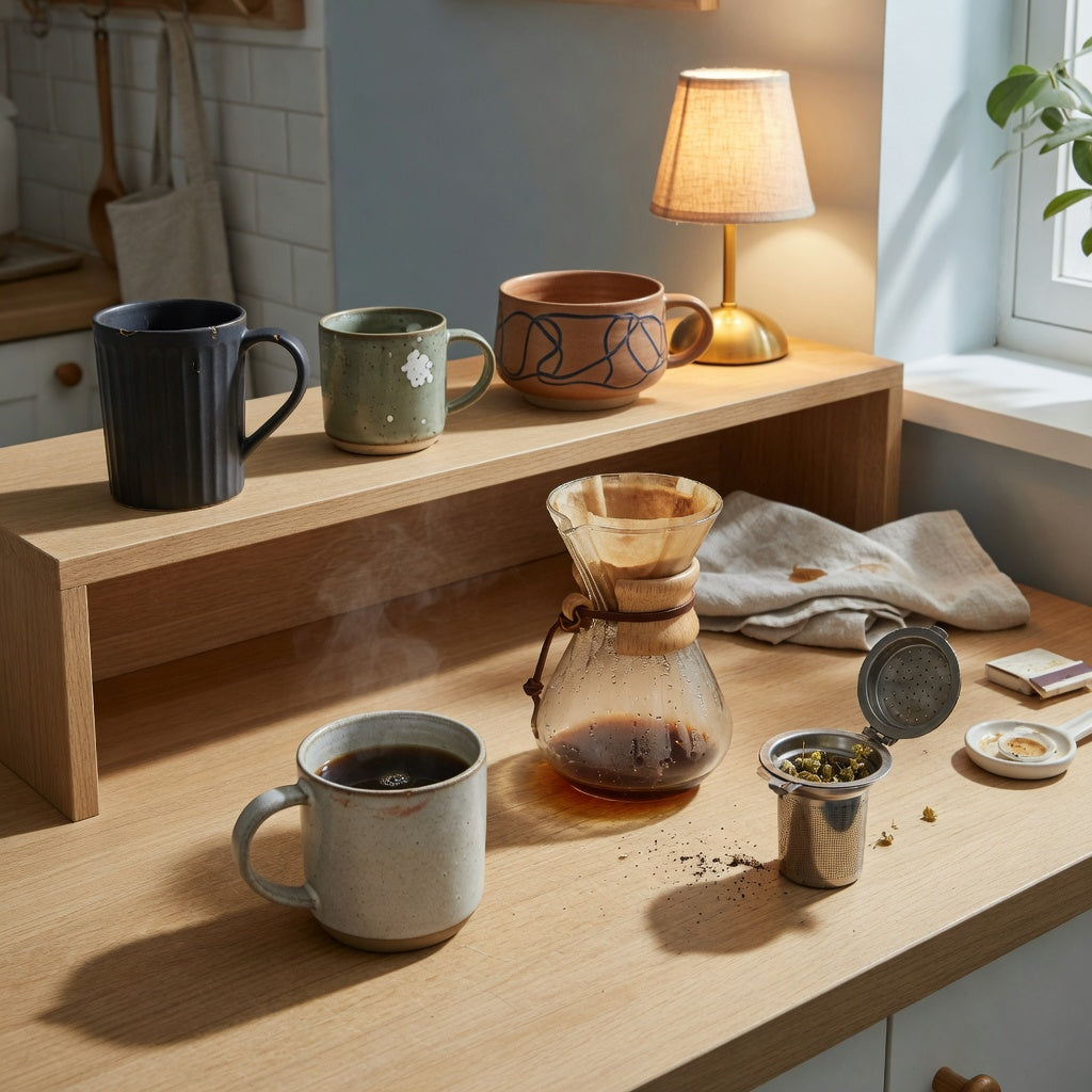 Decorative open-shelf mug setup for coffee tea mug home decor coffee lovers beside brewed coffee and a loose-leaf tea infuser