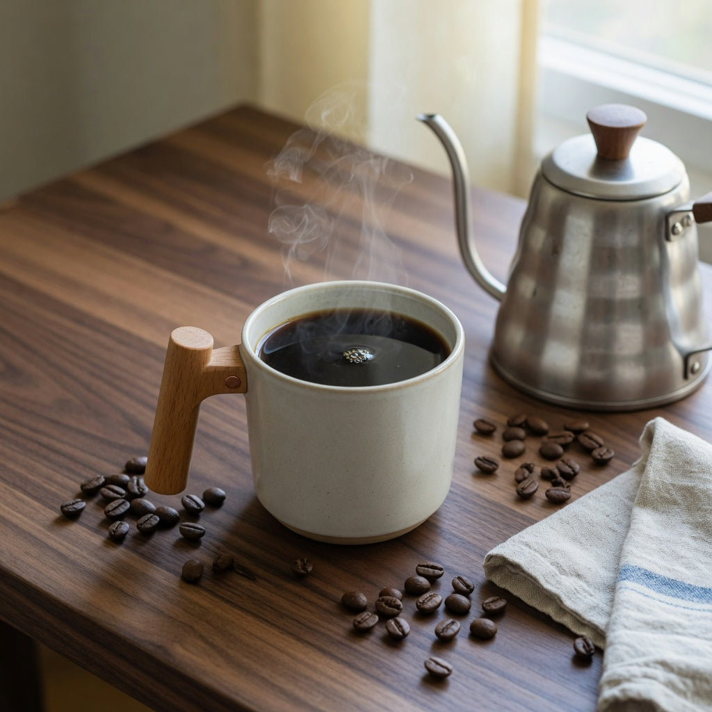 Coffee tea mug with wooden handle gift for coffee lovers displayed on a walnut desk beside a stovetop kettle, scattered beans, and soft morning light