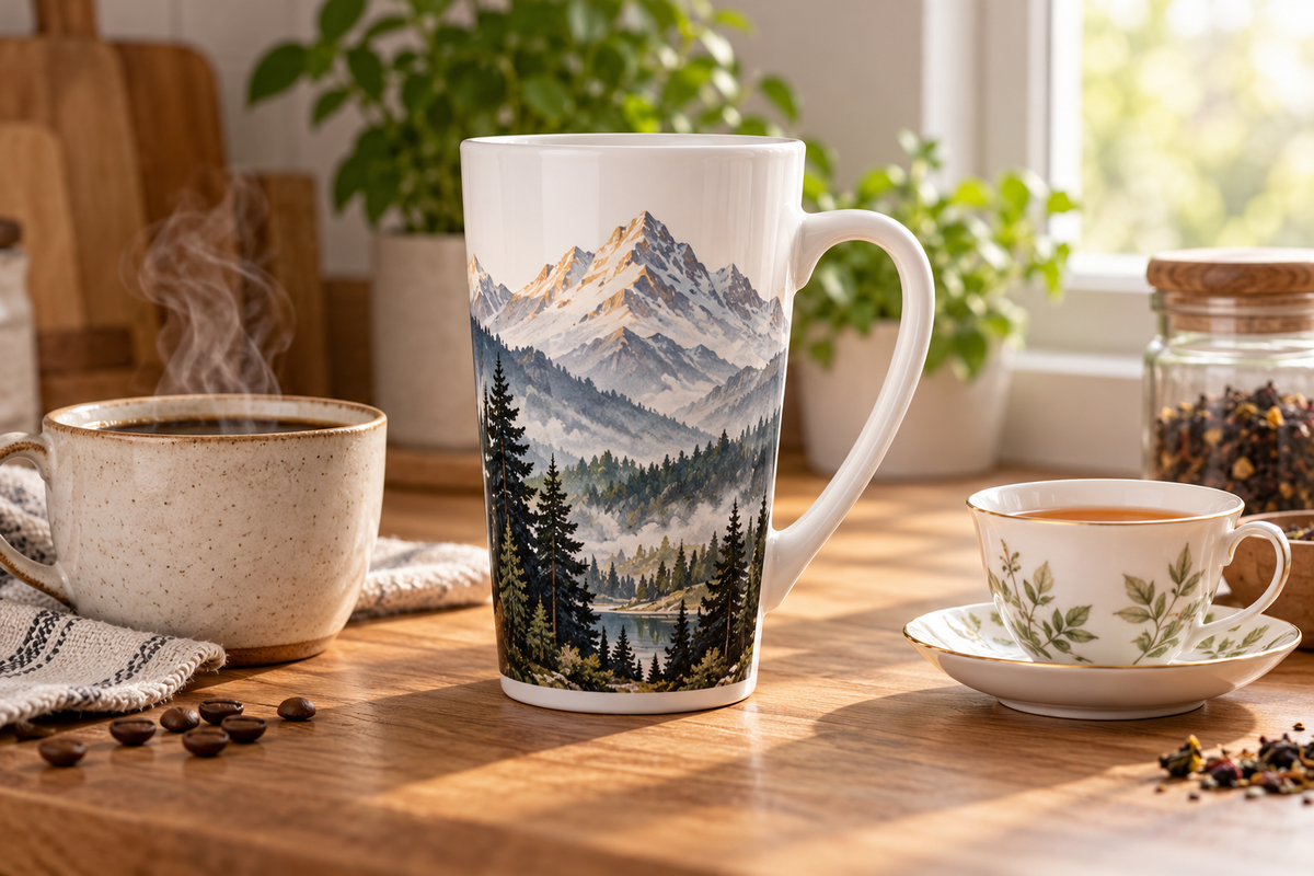 Coffee tea tall mug difference: tall coffee mug beside smaller tea mug on kitchen counter