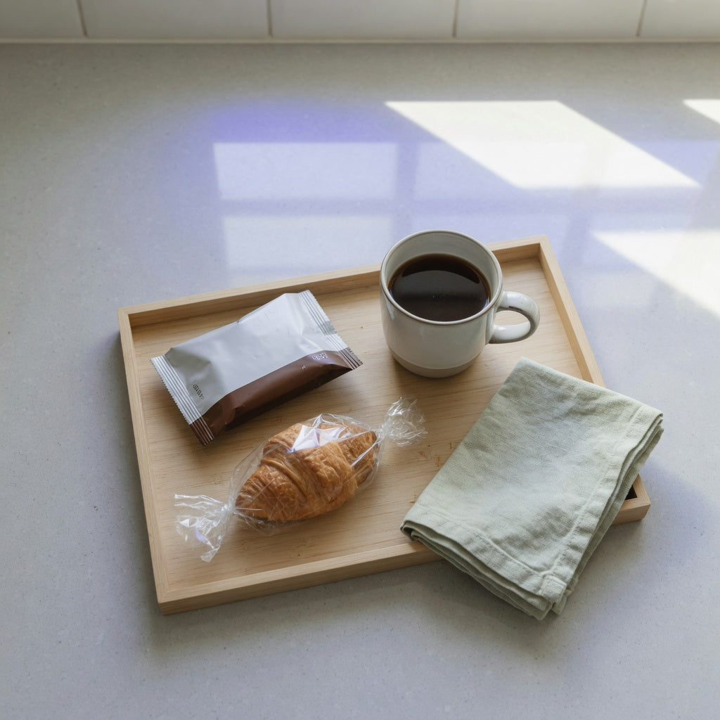 coffee tray gift ideas mug arrangement with a generic ceramic mug, serving tray, pastry, sealed coffee packet, and linen napkin