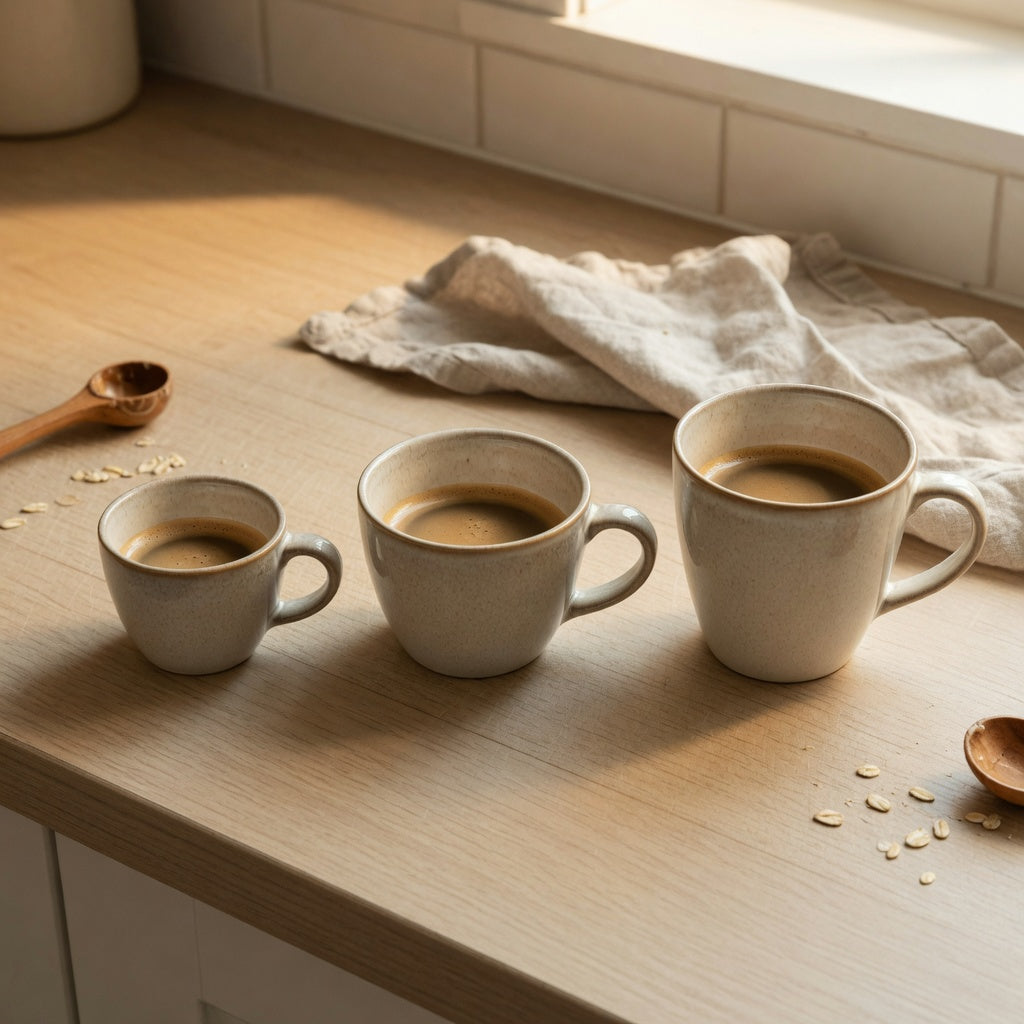 Kitchen counter cortado cup size ceramic comparison with the same short drink in 170 ml, 200 ml, and 270 ml cups