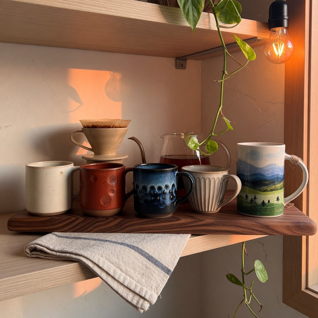 Cozy coffee corner ideas with ceramic mugs: glazed stoneware mugs in cream and terracotta styled on a wooden tray under a floating shelf beside a pour-over station