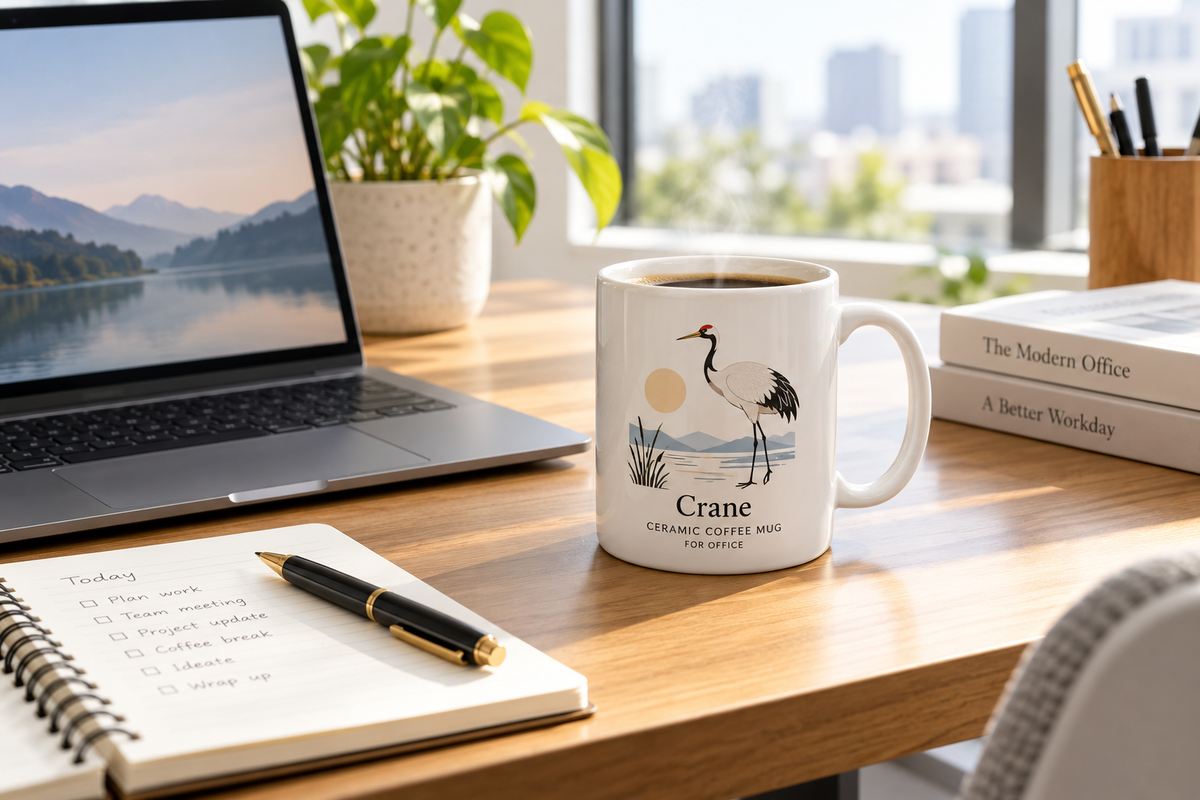Crane Ceramic Coffee Mug for office on a professional office desk