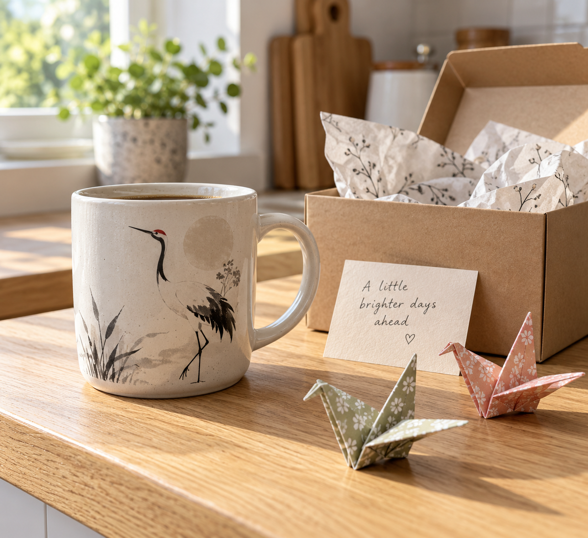 Crane ceramic coffee mug gift beside a kraft gift box and folded origami paper cranes on a kitchen counter
