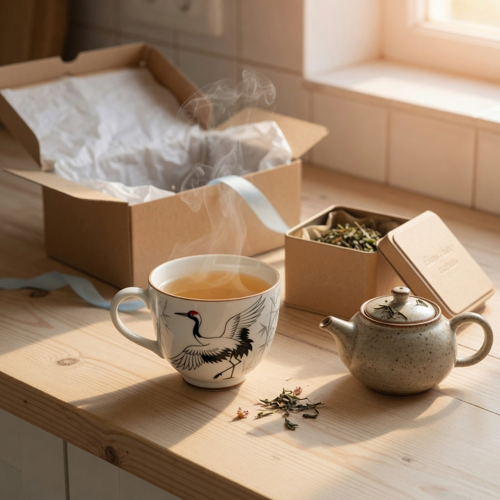 Hand-painted crane ceramic tea cup with a red-crowned crane motif steaming on a wooden kitchen counter beside a small teapot