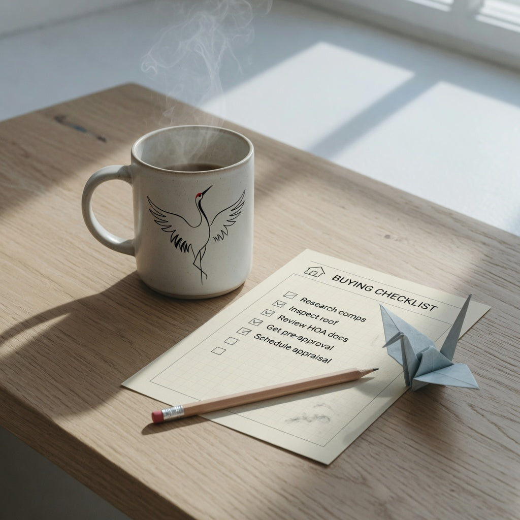 Ceramic crane coffee mug on an oak desk beside a printed crane coffee mug buying checklist with ticked boxes