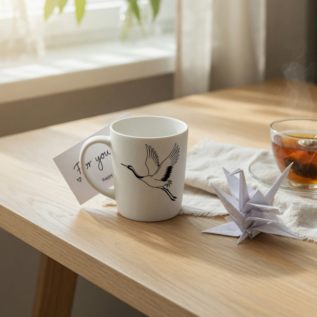 Crane coffee mug gift ideas: a ceramic crane mug beside folded origami paper cranes and a handwritten gift card on a wooden desk