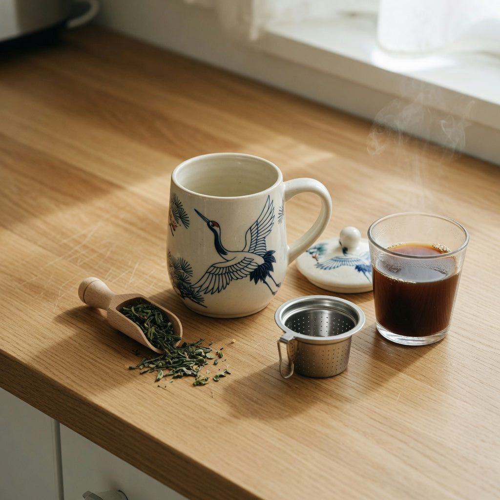 Crane coffee mug vs tea mug comparison: a ceramic crane mug on an oak counter beside its stainless infuser basket and lid, with loose-leaf tea and fresh-poured coffee