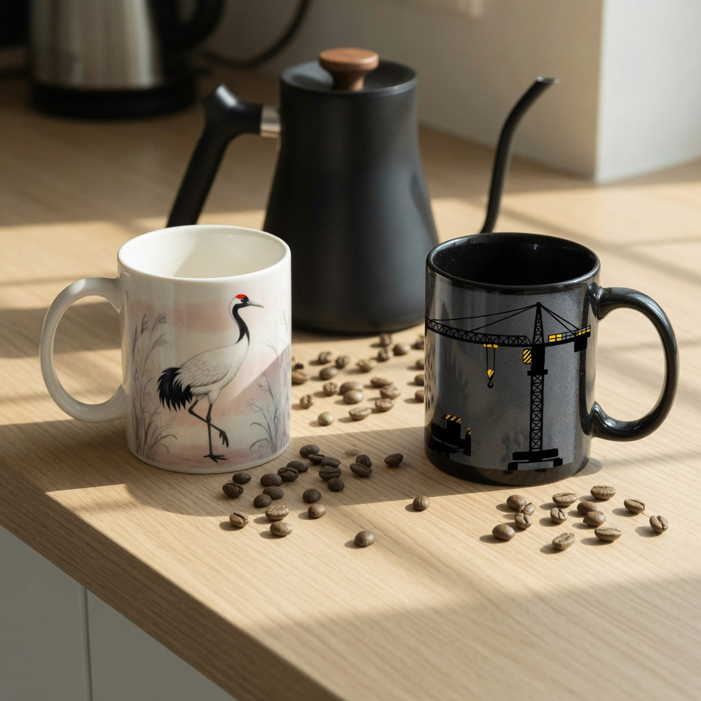 Crane coffee mug comparison on a kitchen counter: ceramic bird-motif mug beside a construction-crane novelty mug