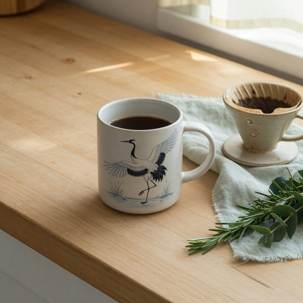 A crane coffee tea mug for coffee lovers home decor on a wood kitchen counter beside a pour-over dripper