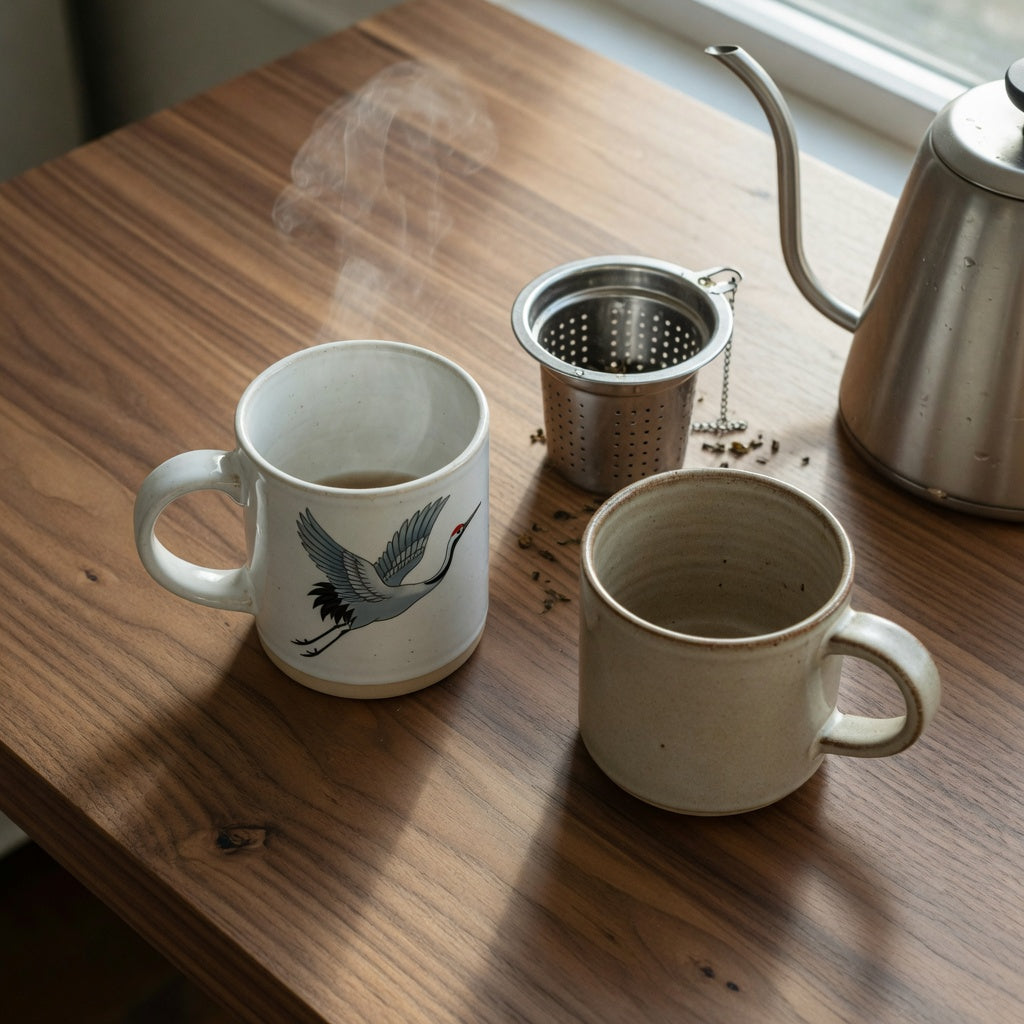 Crane coffee tea mug vs ceramic mug compared side by side on a desk with steam rising