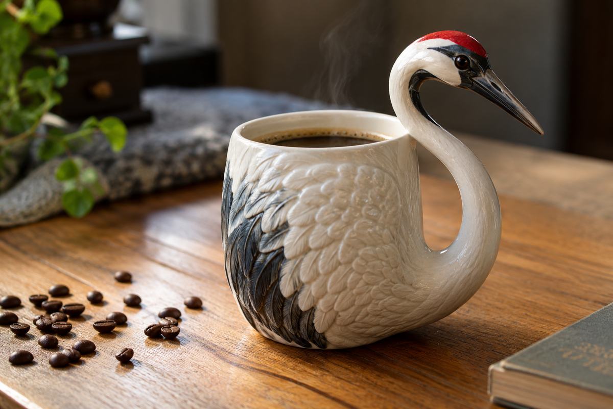 crane mug for coffee lovers home decor on wooden desk with coffee