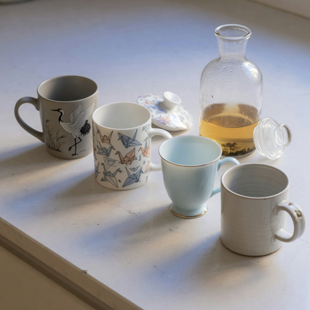 A crane mug for coffee lovers beside an origami cup, a gold-rim china mug, and a plain work mug