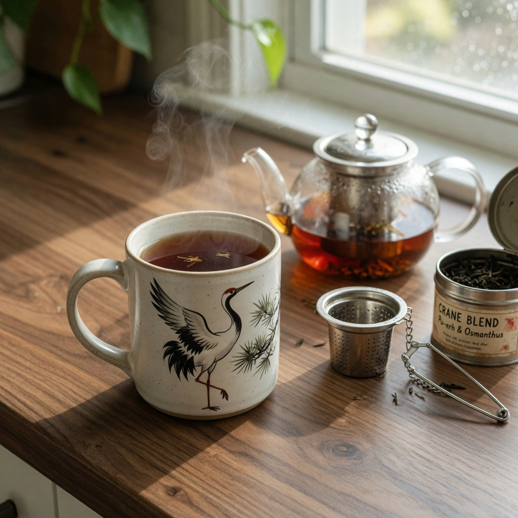 Crane mug for tea lovers filled with black tea beside a glass teapot and basket infuser on a wooden kitchen table