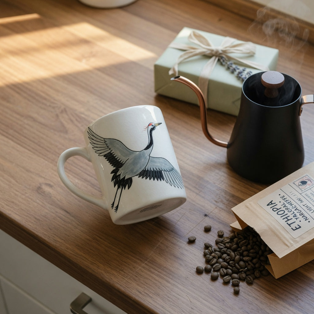 Crane mug gift for coffee lovers on a kitchen counter beside a pour-over kettle and wrapped gift box