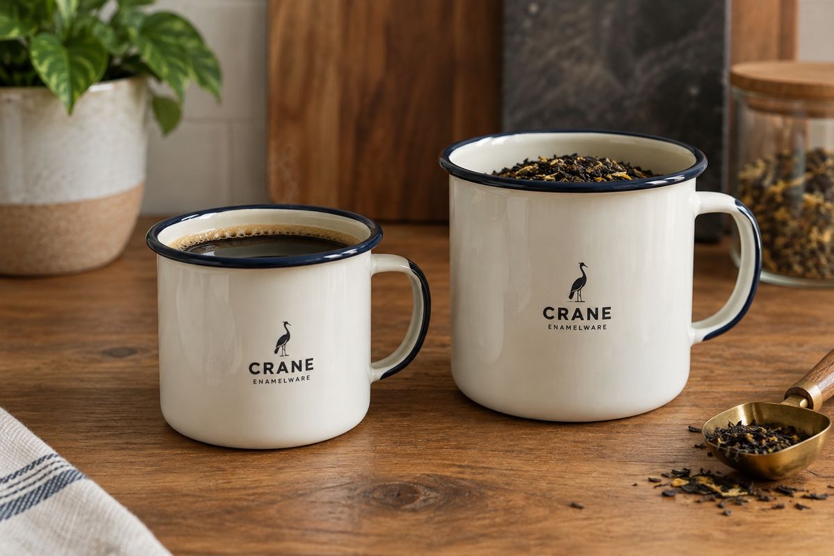 Crane mug size for coffee vs tea showing 12 oz coffee mug next to 16 oz tea mug