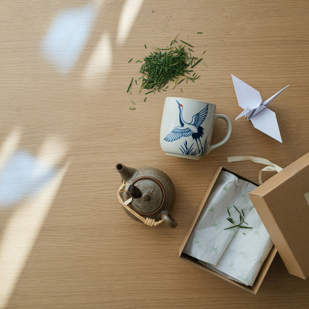 Crane tea cup gift — a handled ceramic mug with a crane motif beside a folded origami crane, loose tea leaves, and a gift box on an oak table