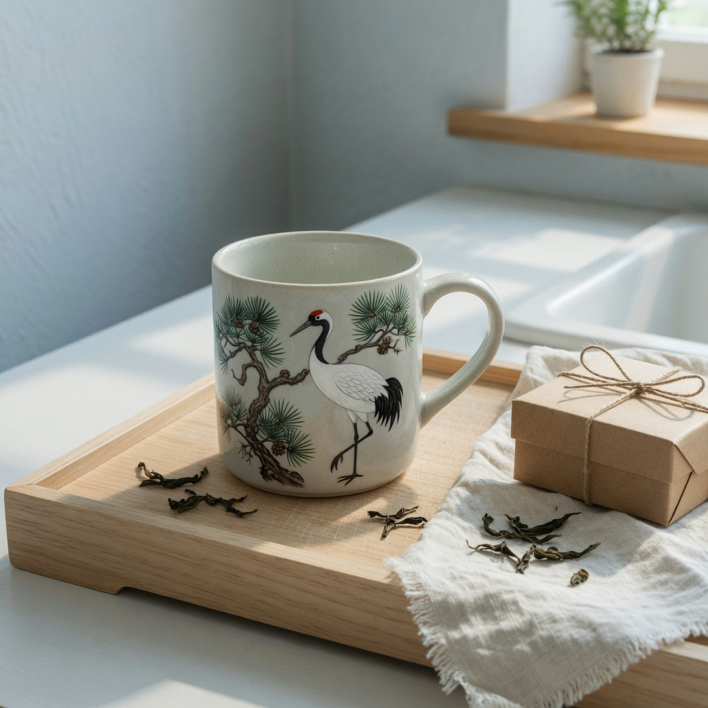 Crane tea mug home decor gift with a painted crane on a kitchen tea tray beside a kraft box