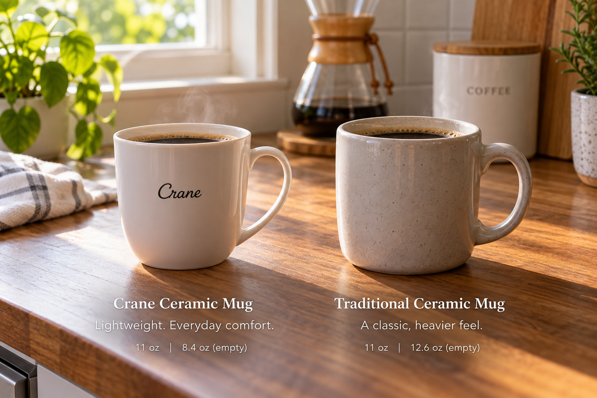 Crane vs ceramic coffee mug comparison showing both materials and designs side by side