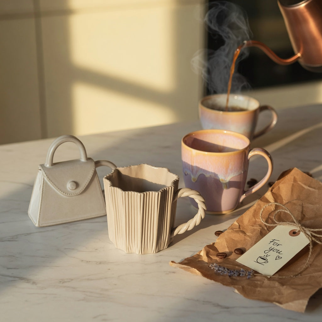 Three cute ceramic coffee mugs for gifts — handbag silhouette, pleated texture, and gradient glaze — beside kraft wrapping paper and a gift tag on a kitchen counter