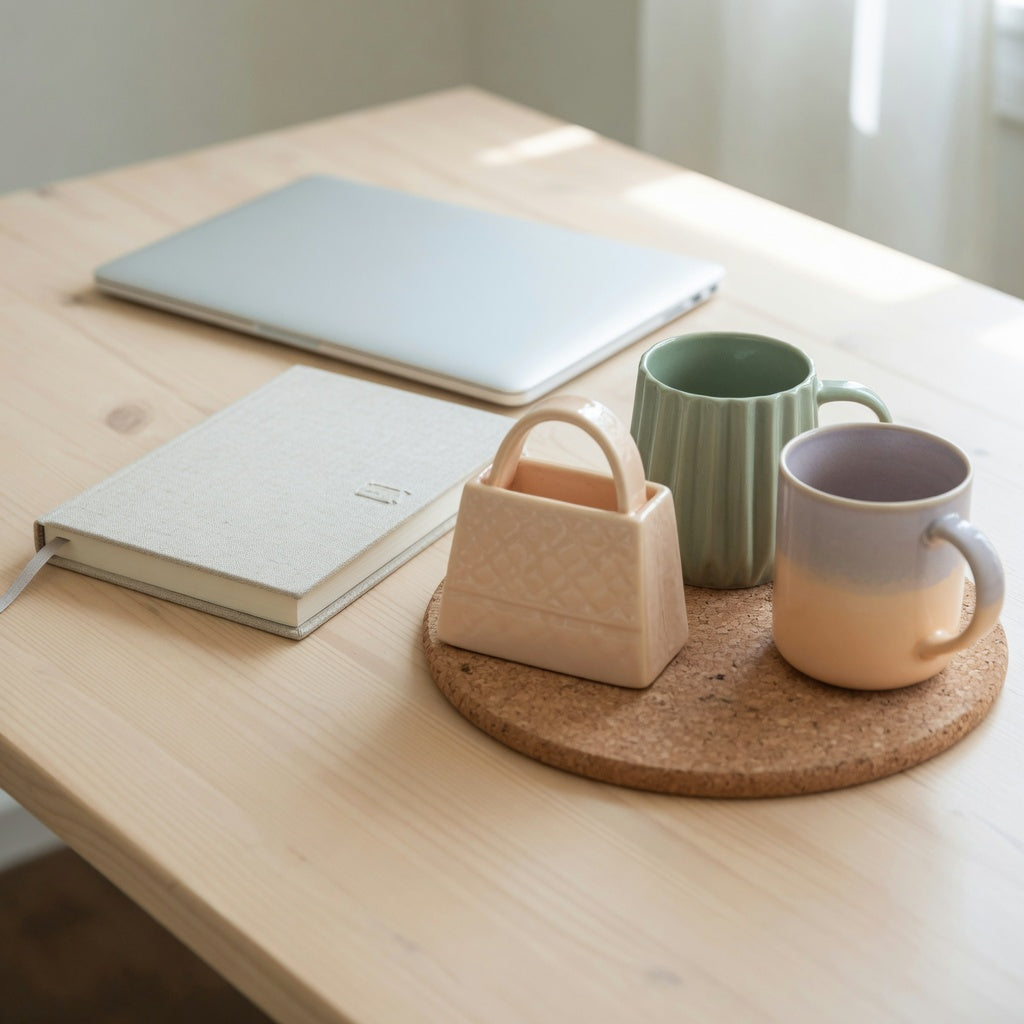 Cute ceramic coffee mugs for office desks, with a handbag shape, a pleated cup, and a gradient glaze on a cork coaster