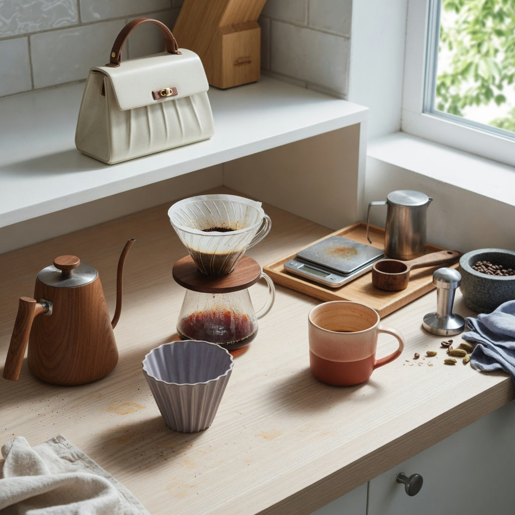 A cute ceramic coffee mugs home coffee station product shortlist guide showing handbag, pleated, and gradient mug styles beside brewing tools