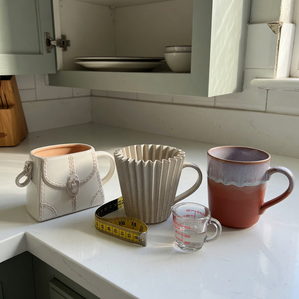 Kitchen counter demonstrating the cute ceramic coffee mugs everyday mug rotation practical purchase checklist with handbag, pleated, and gradient designs